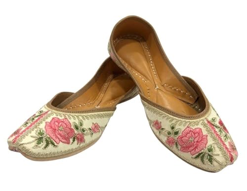 White Multi Print Thread Work Jutti for Women's Soft Flat Ethnic Handmade Traditional Jooti Wedding Indian Shoes3