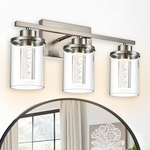 Image of 3-Light Brushed Nickel Bathroom Vanity Lights Over Mirror,Dimmable LED Wall Light Fixtures with Clear Glass Shade,5CCT Adjustable Lighting for Bedroom,Livingroom,Cabinets