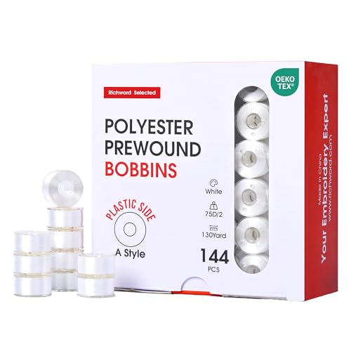 Image of Poolin Prewound Bobbins Richword Selected 144pcs, Size A (Class 15 / SA156), 75D Polyester Bobbin Thread, Plastic Sided, for Single Needle Embroidery & Sewing Machines, White