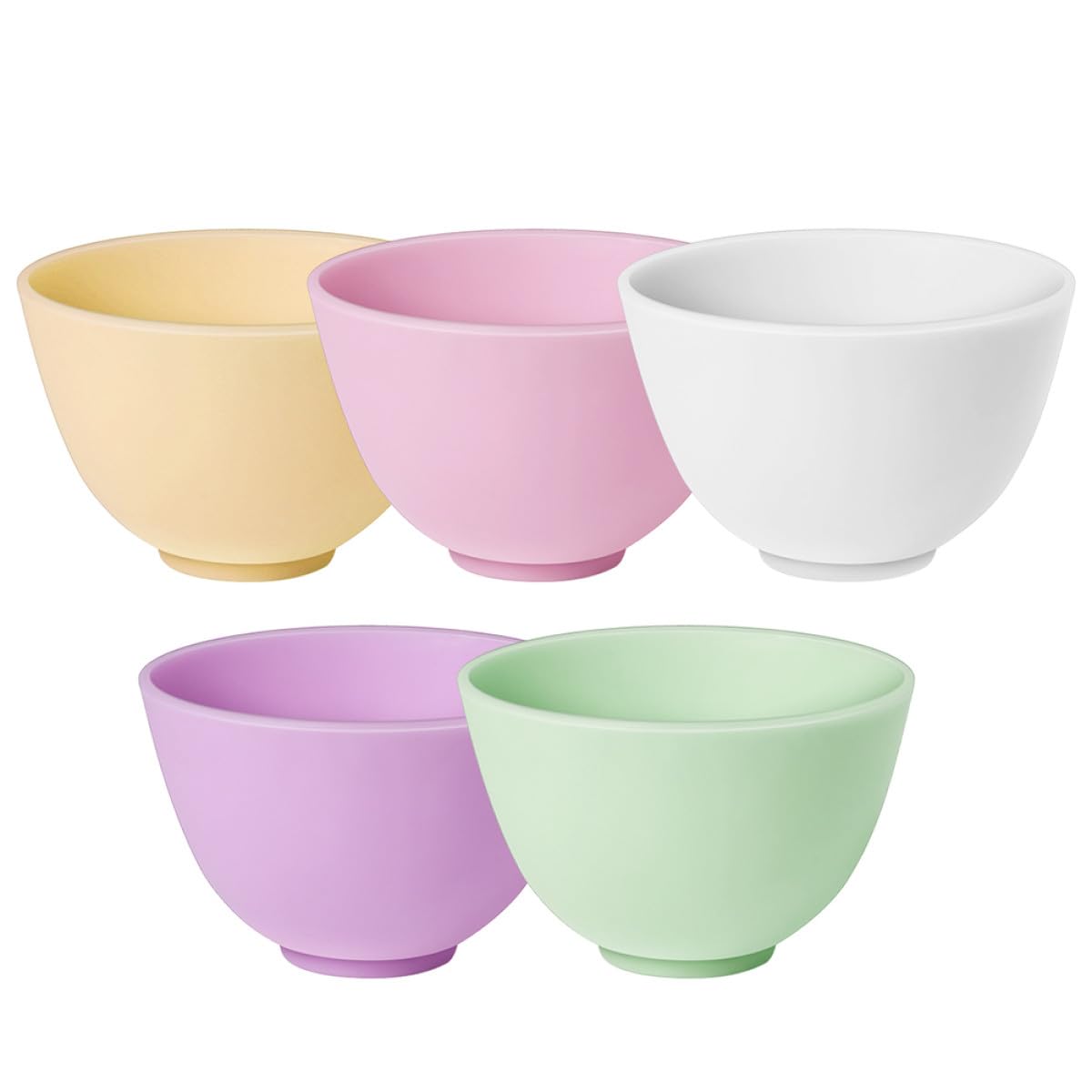 HOMSFOU 5pcs Household Silicone Mixing Bowls Set, Medium Size Reusable Food-Grade Condiment and Facial Mask Bowls in Pink, White, Green, Yellow, and Purple for DIY Skin Care and Kitchen