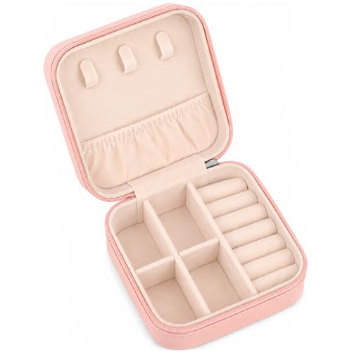 Image of Viktauy Travel Jewellery Box, Mini Jewellery Box for Women, Jewellery Organiser, Portable Small Jewellery Storage Case for Bracelets Earrings Rings Necklace - Best Gift for Women Girls (Pink)