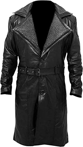 Image of Men's Trench Coat - German Military Black WW2 Belted Genuine Leather long Winter Jacket Overcoat men With Sherpa Fur Collar