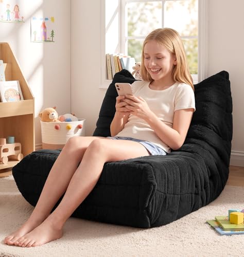 Image of Hobestluk Medium Bean Bag Chair Faux Fur Fabric BeanBag Couch for Playroom | Black Plush,Ergonomic Design,Memory Foam,Strong Supportive,No Assembly Required,Decorative Style for Living Room Bedroom