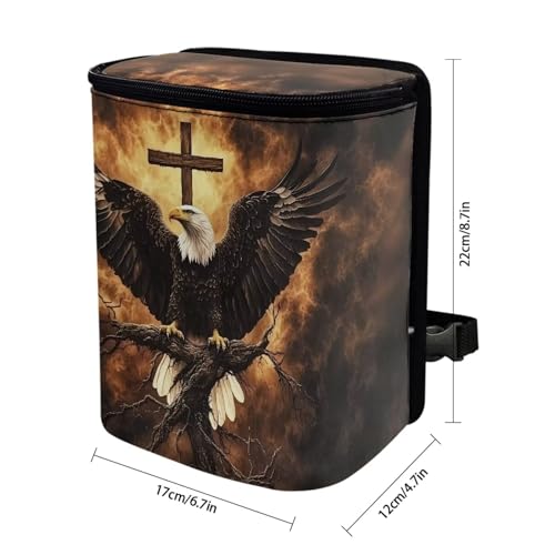 Image of Talayituse Eagle Cross Fire Print Car Trash Can with Adjustable Straps, Zip Closure Car Trash Bag Bin Auto Garbage Bag Multipurpose Storage Box for Vehicle Travel Camping Picnicing