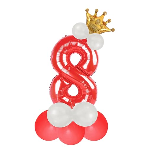 Image of Red 8 Number Foil Balloon with Crown & Base Balloons | 32 Inch Helium Supported for Birthday, Anniversary, Baby Shower Decoration - Pack of 14