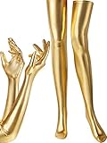 SATINIOR Women's Carnival Halloween Costume Elastic Spandex Shiny Wet Long Gloves and Thigh High Stockings (Gold)