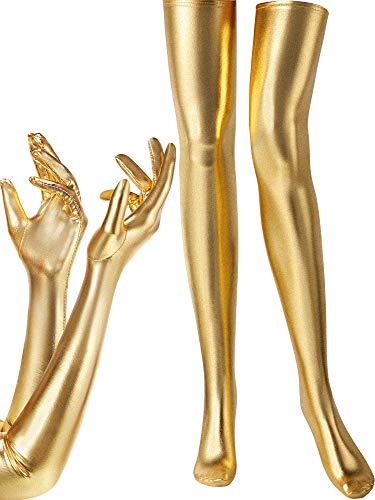 SATINIOR Womens Carnival Halloween Costume Elastic Spandex Shiny Wet Long Gloves and Thigh High Stockings(Gold)