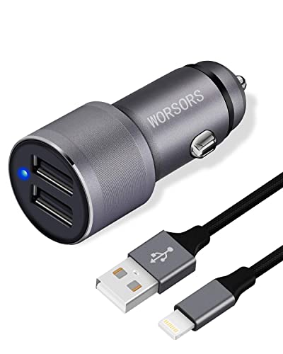 Worsors Fast Car Charger, 4.8A Usb Cigarette Lighter Adapter All Metal Compatible For Iphone 13 Pro Max/13 Pro/13 Mini/12/11/Xs Max/Xs/Xr/X/8 Plus/7/6/Se + 3.3Ft Mfi Certified Lightning Cable #TOP20