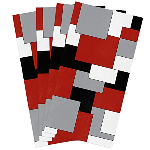 Image of Geo Kitchen Towels,White Grey Black Red Abstract Irregular Geometric 16x28 Inches Soft Kitchen Dish Cloth,Cotton Tea Towels /Bar Towels /Hand Towels,(4 Pack)