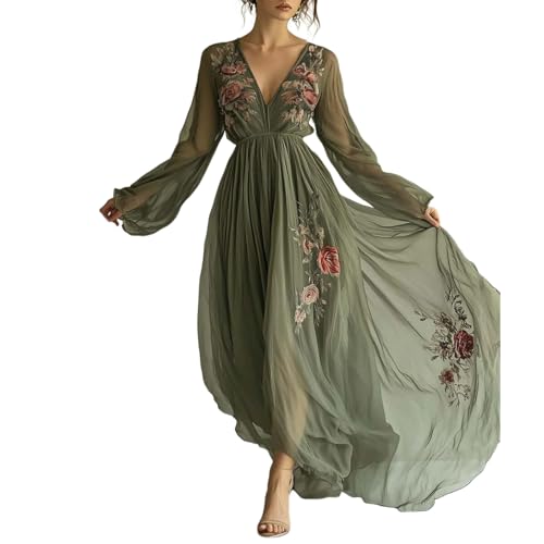 Womens Green Tulle Floral Beach Cover Up Sundresses with Belt Long Sleeves V Neck Summer Ruffle Tiered Dresses