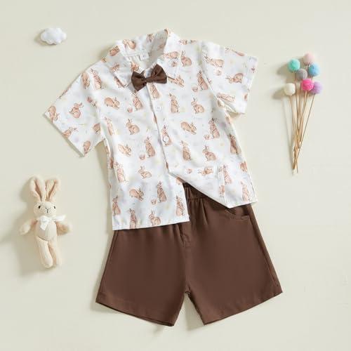 Image of Owl's-Yard Baby Boy Easter Outfits Rabbit Carrot Short Sleeve Button Down Shirts and Solid Color Shorts 2 Pcs Summer Set