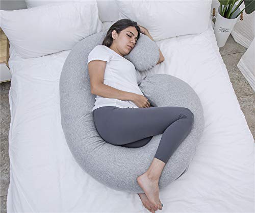 Image of 1 MIDDLE ONE Pregnancy Pillow, C Shaped Full Body Pillow for Maternity Support, Pregnant Women Sleeping Pillow with Jersey Cover (Light Grey)