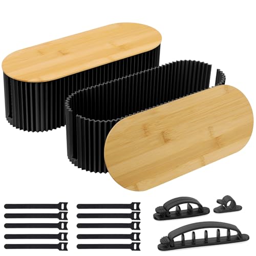 BEZORR Cable Management Boxes, set of 2 Cable Tidy Box,Wire Management Organizer,Cables Organised Box with Bamboo Lid for Hiding Messy Cables Black