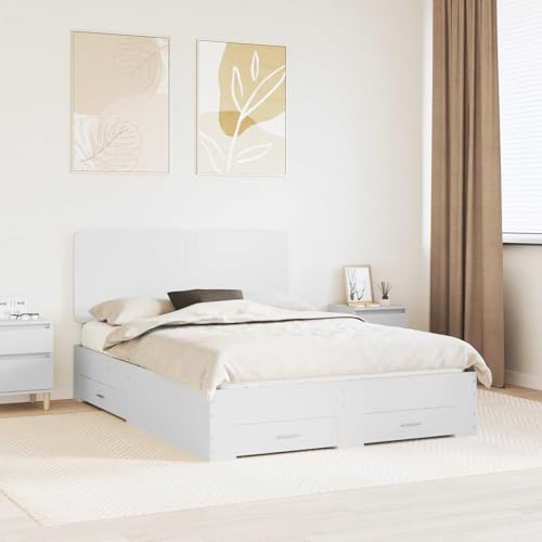 Tonture Marco de cama con cabecero blanco 140 x 200 cm, madera moderna, plataforma de cama con cajones, muebles de dormitorio duraderos para cama de matrimonio