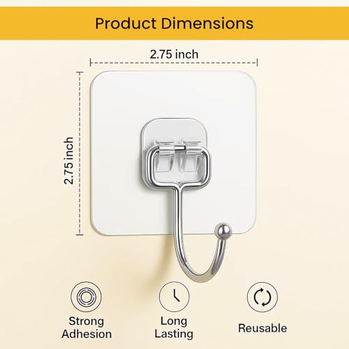 Image of Zulaxy Big Size Transparent Wall Hooks for Hanging - Heavy Duty Stainless Steel Adhesive Hooks for Bathroom, Kitchen, Towel, Utensils & Keys - Waterproof, No Drilling Required (Pack of 10)
