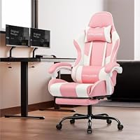 GTPLAYER Bürostuhl Gaming Stuhl Massage Gaming Sessel Ergonomischer Gamer Stuhl mit Fußstütze, Kopfstütze Massage-Lendenkissen, Gepolstert Gaming Chair, Drehsessel Kunstleder-Flamingorosa – Ansicht 2