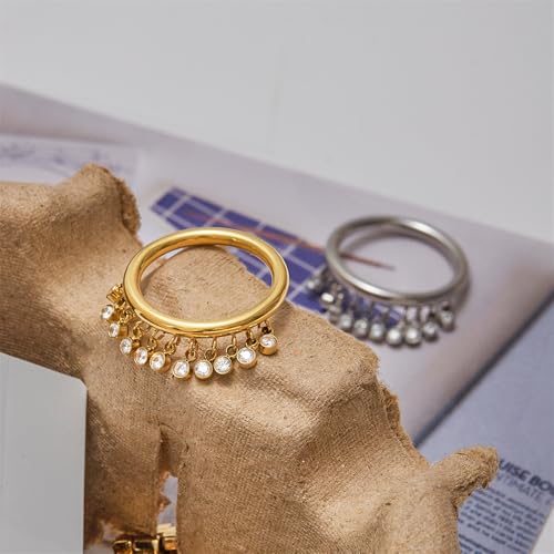 Round CZ Tassel Dangle Drop Stacking Rings for Women Stainless Steel 14k Gold/Silver Plated Danity Sparkling Crystal Finger Band Statment Ring Comfort Fit Fashion Wedding Holiday Jewelry Size 73