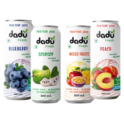 Image of Dadu Fresh Fruit Juice Combo | Blueberry, Soursop, Mixed Fruit, Peach | Pure Fruit Healthy Beverage | No Added Sugar, No Preservatives, Not from Concentrate | Vitamin Rich & Naturally Refreshing | 1140ml (4 Cans)