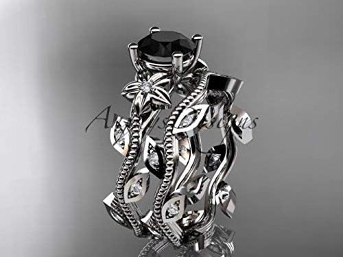 platinum diamond leaf and vine wedding ring, engagement ring, engagement set with a Black Diamond center stone ADLR151S