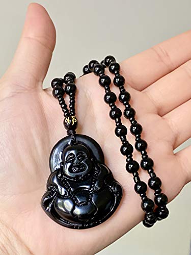 Real Laughing Buddha Black Jade Stabilized Turquoise Bodhisattva Amulet Talisman Pendant 24" Bead Necklace Carved Long Large Boho Chain Genuine Certified Grade A Jadeite Hand Crafted, Jade Medallion 5