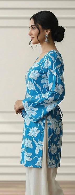 Image of MAHIRA'S Comfort Women's Short Kurti, Rayon Tunic Top with 3 /4 Embroidered Designer Sleeves | Soft Breathable Fabric | Office & Casual Kurti for Jeans, Leggings & Trousers