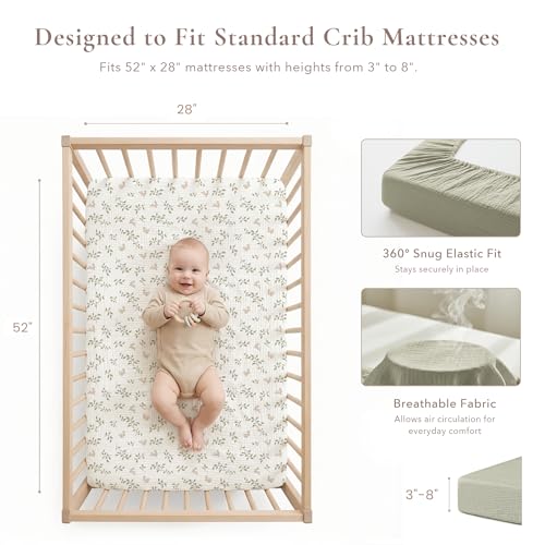 Image of Konssy Muslin Crib Sheets 2 PCS, 100% Cotton Baby Crib Sheets for Standard Crib Mattress (28 inchx 52 inch), Soft and Breathable for Boys, Girls (Rabbit,Fog Green)