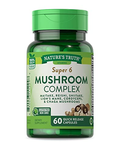 Super 6 Mushroom Supplement Blend Capsules | 60 Count | Full Spectrum | Non-GMO, Gluten Free | by Natures Truth