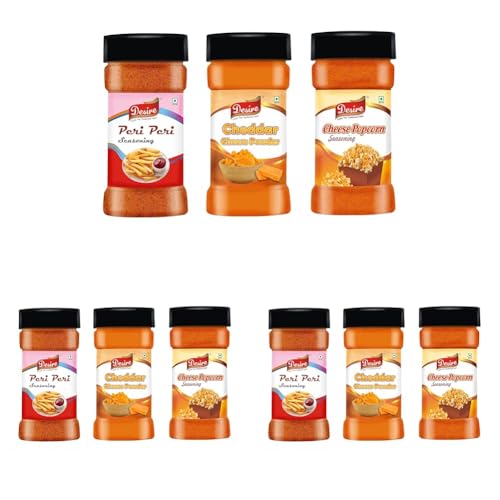Image of Desire Cheddar Cheese Powder, Cheese Popcorn Seasoning Powder, Peri Peri Masala (Seasoning Combo) 100g Each (Pack of 3)