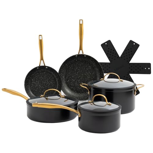 Induction Base Nonstick Pots & Pans 9 Piece Set, Kitchen Cookware Sets, Dishwasher Safe Non Stick Cooking Set with Frying Pans Saute Pan Casserole Saucepan Pan Protector Electric, Gas and Ceramic Hobs
