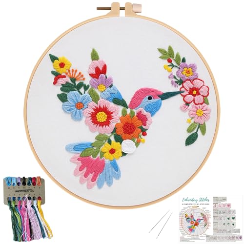 Nuberlic Bird Flower Embroidery Kit for Beginners -Adults Starter Cross Stitch Kit DIY Needlepoint with Hoop, Pre-Printed Fabric, Threads & Step-by-Step Guide