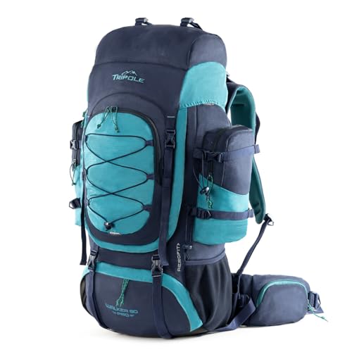 Tripole Walker Pro Rucksack mit internem Rahmen, für Reisen und Trekking, Frontöffnung, Laptop-Hülle, wasserabweisend, Regenschutz, Blau, 60, Antik