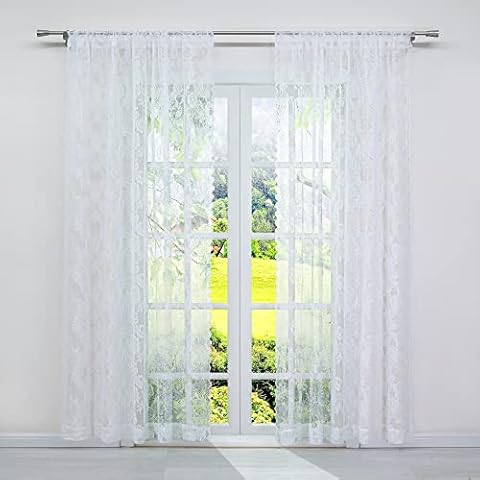 SCHOAL Gardinen mit Tunnelzug Transparente Gardinenschals Set Vorhänge Landhaus Fensterschal Wohnzimmer Jacquard 2 Stück BxH 152x213cm Weiß Cover