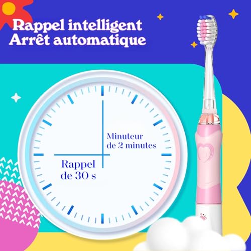 Elektrische Zahnbürste für Kinder, 3-12 Jahre, 2 Minuten Timer für gute Gewohnheiten, 4 weiche Ersatzköpfe, AAA-Batterie enthalten, farbige LED für Spaß beim Zähneputzen (Violett) – Bild 5