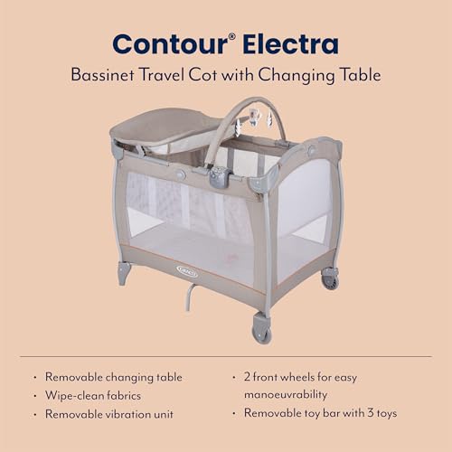 Graco Contour Electra Travel Cot with bassinet, lightweight with music, vibration, nightlight, compact fold and carrybag. Suitable from birth to approx. 3 Years, Little Adventures fashion