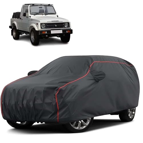 Image of Sulfar 100% Water Resistant Car Body Cover Compatible with Mirror for Maruti Suzuki Gypsy (Triple Stitched, Full Bottom Elastic, Dark Grey Taffeta with Red Piping)