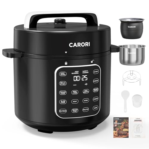 Image of Carori Dual Pot Electric Pressure Cooker, 9-in-1 Multi-Cooker 6 Qt with 2 Inner Pots (Stainless Steel & Nonstick), 12 Programs, Slow Cook, Rice Cook, Steamer, Black