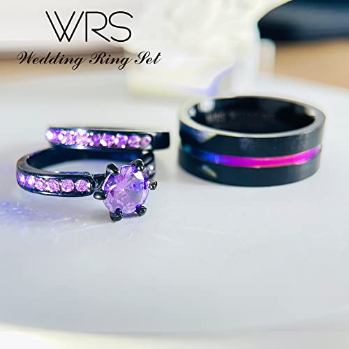 wedding ring set His Hers Couples Matching Rings Women's 18k Black Gold Filled Violet CZ Wedding Engagement Ring Bridal Sets & Men's Tungsten Carbide Wedding Band