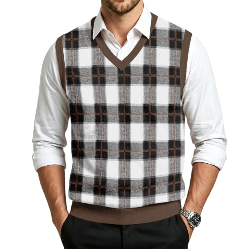 Christmas Sweater Vest Men V Neck Plaid Knit Lightweight Pullover Sweater - image 1