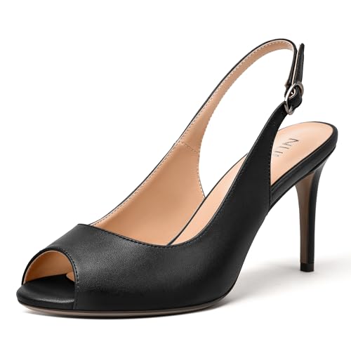 NUMALEO Womens Buckle Fashion Peep Toe Sexy Matte Slingback Evening Stiletto High Heel Pumps Shoes 3.3 Inch