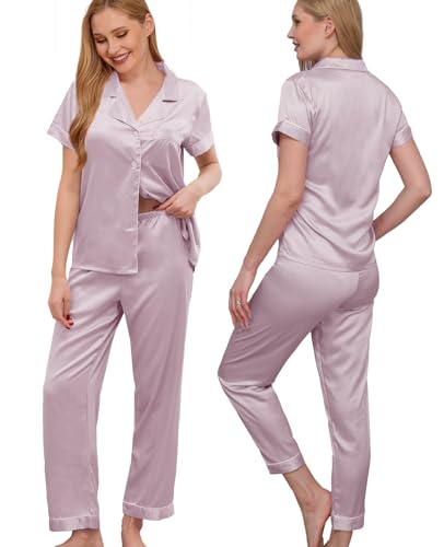Image of WJing Yi Jia Womens Pajamas Set XS-4XL Floral Silk Satin Pajama Sets Silky Pj Sets 2Pcs Loungewear Sleepwear Button Down Pjs