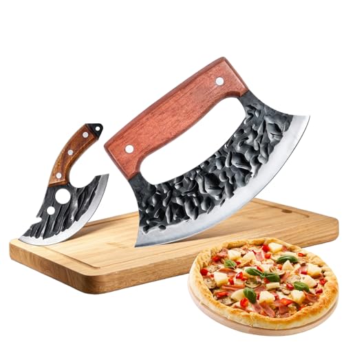 Hand-Forged Ulu Knife - 2Pcs Salad Chopper with Sheath Sharp Rocker Mezzaluna Knifes & Viking Knifes Pizza Cutter for Kitchen Full Tang High Carbon Steel Camping&BBQ Gifts for Men and Women