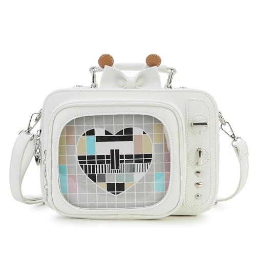 Image of Novelty Women TV Shape Ita Bag Retro Television Shoulder Bag Design Ita Backpack with Inserts Unique female Clear Windows Anime Display for Pins Display(White)
