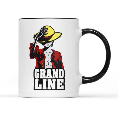 SMARTYPANTS Grand Line Mug Tea Coffee Cup - One Piece Cartoon Anime Inspired Fan Artwork Monkey Luffy Devil Fruit Rubber King of The Pirates Kitchen Home Decor Gift (Black Handle Prime)