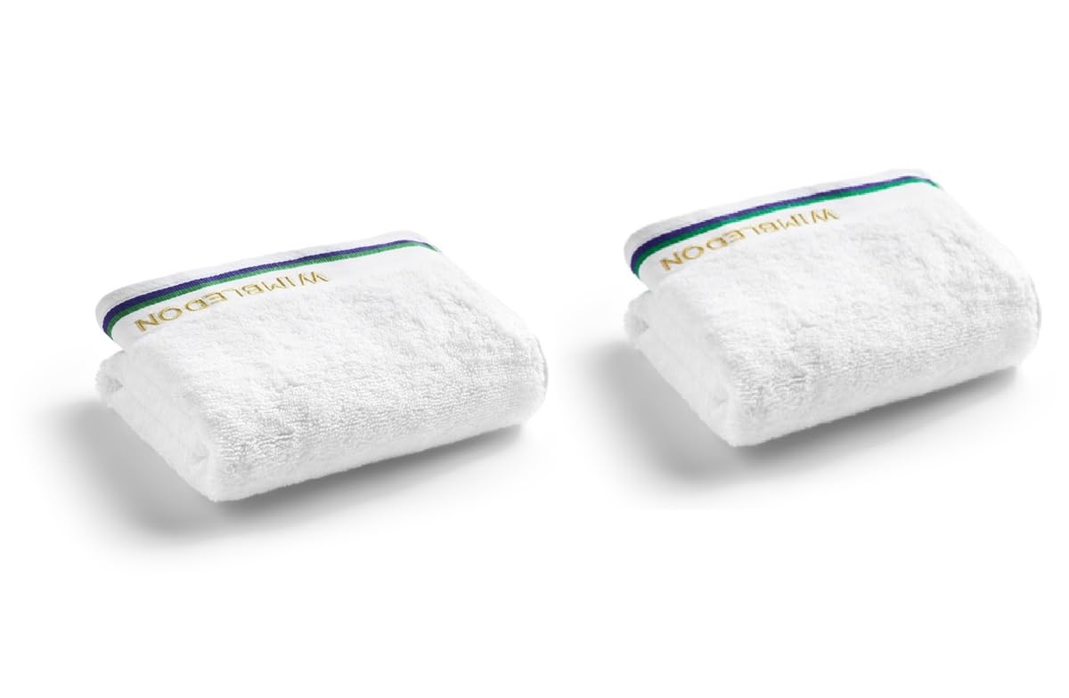 Wimbledon White Sports Towels | Pack of 2 | 30cm x 90cm | Soft Cotton | Official Tennis Championships Merchandise | Classic Colours | Green and Purple Trim