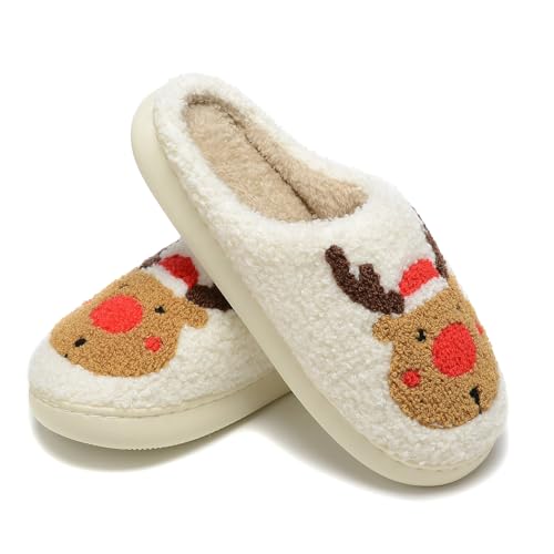 Women Christmas Reindeer Holiday Slippers：Moose Cute Cartoon Elk Fuzzy Warm House Men Xmas Winter Soft Cozy Slippers