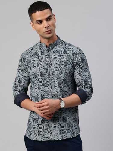 Image of Majestic Man Men's Pure Cotton Printed Mandarin Collar Regular Fit Roll-Up Sleeves Short Kurta