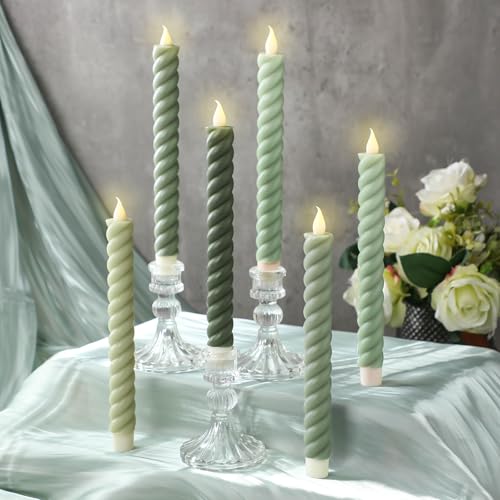 Image of Baquler 6 Pcs Sage Green Flameless Taper Candle Twisted LED 9.65 Inch Taper Candles Battery Operated Twisted Candlesticks for Summer Wedding Birthday Home Party Holiday Dinner Fireplace Decor