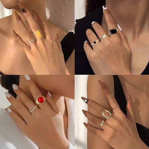 Florideco 30Pcs 18K Gold Chunky Rings for Women Gold Plated Rings Chunky Twisted Signet Ring Stackable Knuckle Midi Ring Adjustable Open Ring Sets4