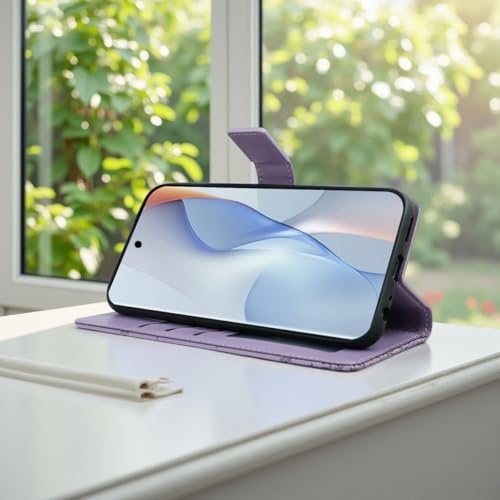 Image of amazon basics Redmi Note 15 5G Flip Cover | Card Pockets Wallet & Stand | Flip Cover for Redmi Note 15 5G (Purple Tree)