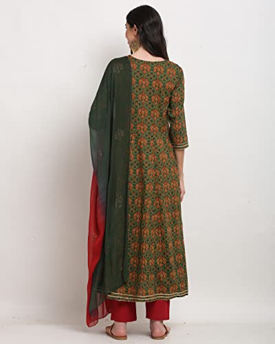 Image of ROLYPOLY Women's Green And Red Coloured Pure Cambric Cotton Sequence Embroidered Kurta Set With Dupatta (ROLYVL213-P)